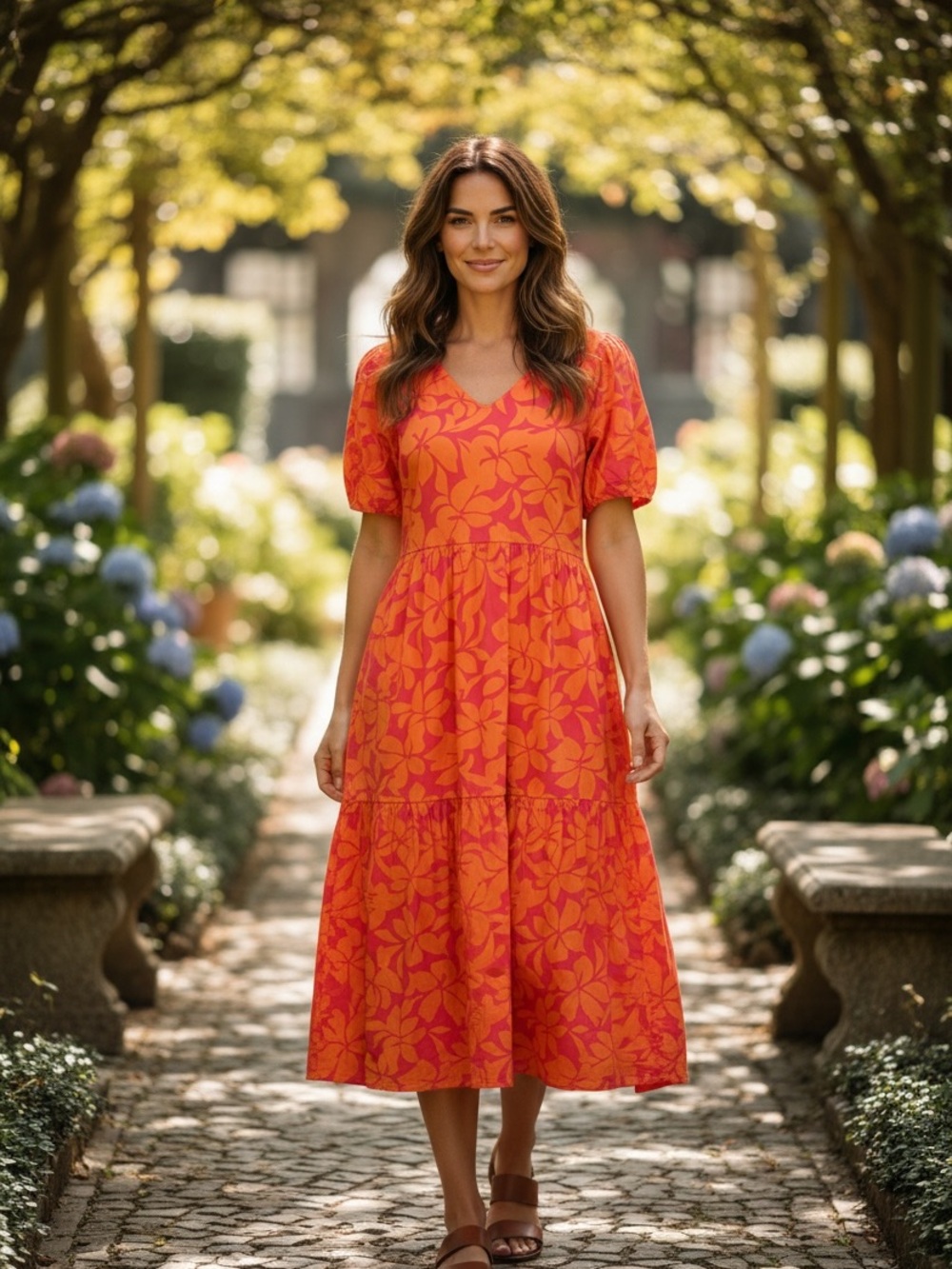 J.Crew Size 6 Orange Pink Tropical Floral Tiered Puff Sleeve Midi Dress Pockets